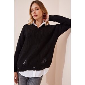 Happiness İstanbul Women's Black V-Neck Ripped Detailed Knitwear Sweater