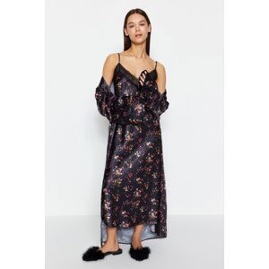 Trendyol Black-Multicolored Satin Lace and Slit Detailed Floral Patterned Woven Nightgown