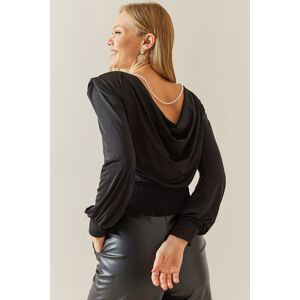 XHAN Black Decollete Decollete Waistband Blouse