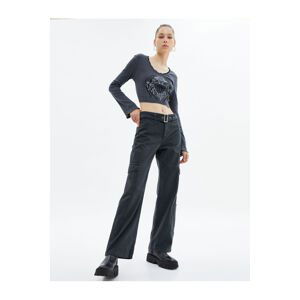 Koton Cargo Pants Faded Effect Belt Detail Straight Wide Leg Pockets