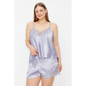 Trendyol Curve Light Blue Plain Undershirt-Shorts Satin Homewear Plus Size Pajamas Set