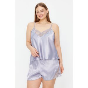 Trendyol Curve Light Blue Plain Singlet-Shorts Satin Homewear Plus Size Pajamas Set