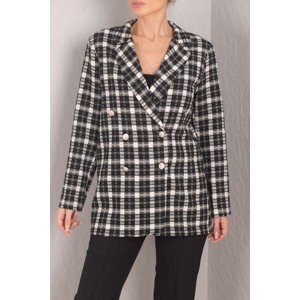 armonika Women's Black and White Double Breasted Collar 6 Button Waistband Oversize Tweed Jacket