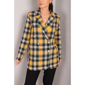 armonika Women's Yellow Double Breasted Collar 6 Button Waistband Oversize Tweed Jacket