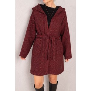 armonika Women Burgundy Waist Belted Pocket Hooded Oversize Cachet Coat