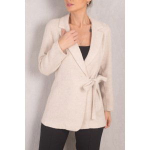 armonika Women's Beige Side Tie Herringbone Patterned Cachet Jacket