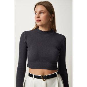 Happiness İstanbul Women's Anthracite Ribbed Turtleneck Crop Knitted Blouse