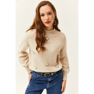 Olalook Women's Stone Pearl Detailed Soft Textured Knitwear Sweater