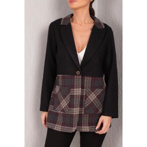 armonika Women's Black Plaid Pattern Pocket Single Button Cachet Jacket
