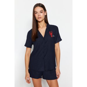 Trendyol Indigo Embroidered Shirt-Shorts Woven Pajamas Set