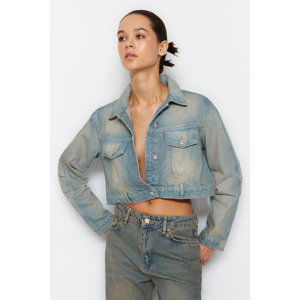 Trendyol Blue Pale Effect Vintage Oversize Crop Denim Jacket