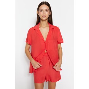 Trendyol Pomegranate Blossom Viscose Shirt-Short Woven Pajamas Set