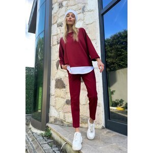 Trend Alaçatı Stili Women's Burgundy Crew Neck Garnished Blouse & Double Pocket Ribbed Stitched Trousers Set