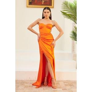 Carmen Orange Satin Tied Long Evening Dress and Invitation Dress
