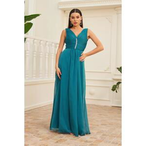 Carmen Petrol Chiffon Collar Stone Long Evening Dress and Invitation Dress