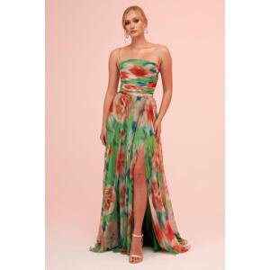 Carmen Green Strap Slit Printed Evening Dress