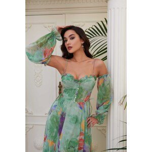 Carmen Long Evening Dress with Balloon Sleeves, Green Printed Straps