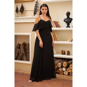 Carmen Black Low Sleeve Strappy Long Evening Dress