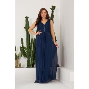 Carmen Navy Blue Chiffon Collar Stone Long Evening Dress and Invitation Dress