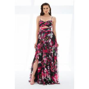 Carmen Fuchsia Printed Long Evening Dress with Belly Low-cut Slit