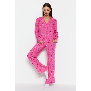 Trendyol Pink Viscose Ski Printed Shirt-Pants Woven Pajamas Set