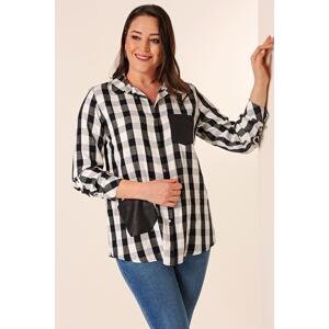 By Saygı Metal Buttons Leather Detail Double Pockets Fold Sleeve Silvery Drawstring Checkered Plus Size Shirt
