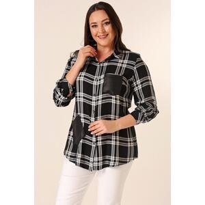 By Saygı Large Checkered Plus Size Shirt With Leather Detail Double Pockets With Metal Buttons and Fold Sleeve