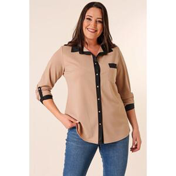 By Saygı Lycra Plus Size Shirt with Double Pockets, Leather Detail, Front Buttoned Three Quarter Sleeve