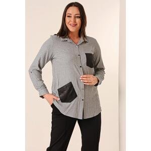 By Saygı Metal Button Mini Checkered Leather Detailed Double Pocket Three Quarter Sleeve Plus Size Shirt