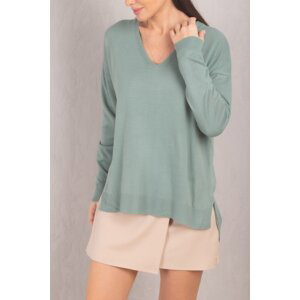 armonika Women's Turquoise V-Neck Front Short Back Long Knitwear Sweater