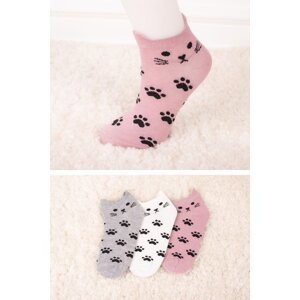 armonika Women's Grey-White-Powder Cat Patterned Short Booties Socks 3 Pack