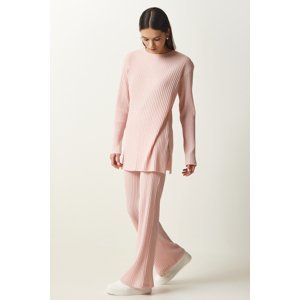 Happiness İstanbul Women's Powder Ribbed Knitted Blouse Pants Suit