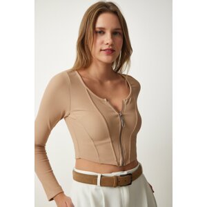 Happiness İstanbul Women's Beige Zipper Ribbed Crop Blouse