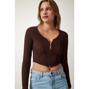 Happiness İstanbul Women's Brown Zippered Ribbed Crop Blouse