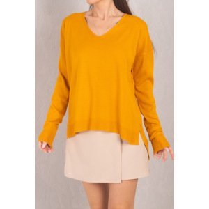armonika Women's Mustard V-Neck Front Short Back Long Knitwear Sweater