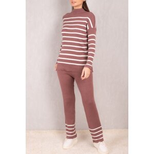 armonika Women's Brown Striped Pattern High Neck Knitwear Suit