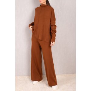 armonika Women's Brown High Neck Flare Knitwear Suit