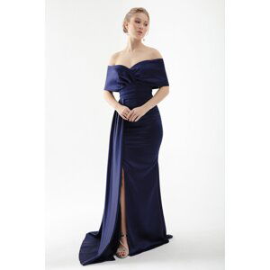 Lafaba Women's Navy Blue Boat Neck Slit Long Evening Dress