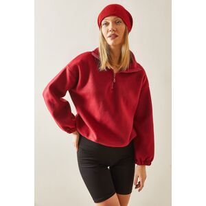 XHAN Claret Red Zippered High Collar Fleece Sweatshirt