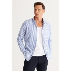ALTINYILDIZ CLASSICS Men's Blue-White Slim Fit Slim Fit Buttoned Collar Cotton Striped Shirt