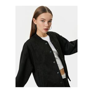 Koton Bomber Jacket Suede Look College Collar Snap Off