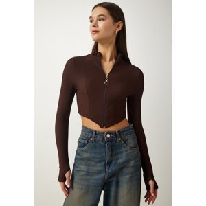 Happiness İstanbul Women's Brown Zipper Turtleneck Crop Knitted Blouse