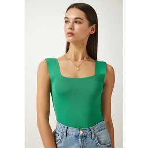 Happiness İstanbul Women's Dark Green Square Neck Knitwear Crop Blouse