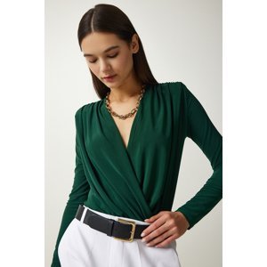 Happiness İstanbul Women's Emerald Green Wrapover Neck Snap-On Knitted Blouse