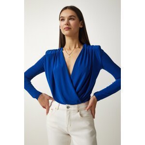 Happiness İstanbul Women's Cobalt Blue Wrap Collar Snap Fastener Knitted Blouse