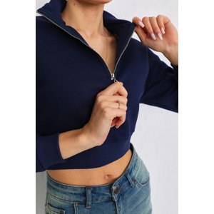 BİKELİFE Women's Navy Blue Zipper Thick Fleece Knitted Sweatshirt Crop