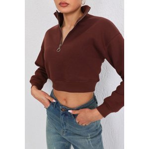 BİKELİFE Women's Brown Zipper Fleece Knitted Sweatshirt Crop