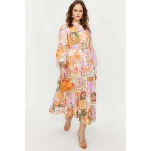 Trendyol Multi Color Floral Pattern Linen Look Belt Detailed Woven Dress