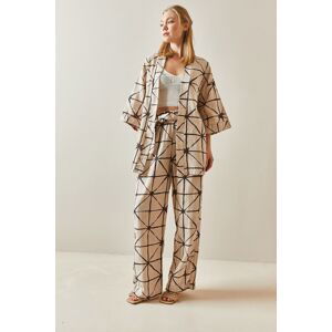 XHAN Brown Patterned Wide Leg Linen Kimono Suit 4KXK8-47909-02