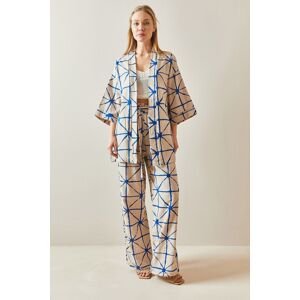 XHAN Sax Patterned Wide Leg Linen Kimono Suit 4KXK8-47909-15